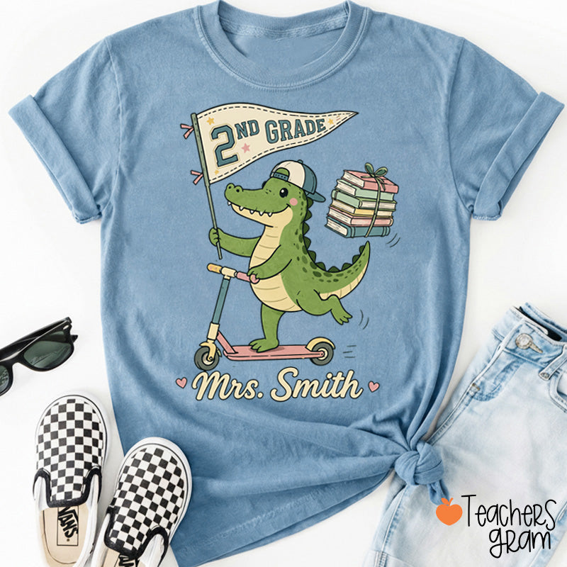 Personalized Name And Grade Pennant Book Skate Teacher T-Shirt