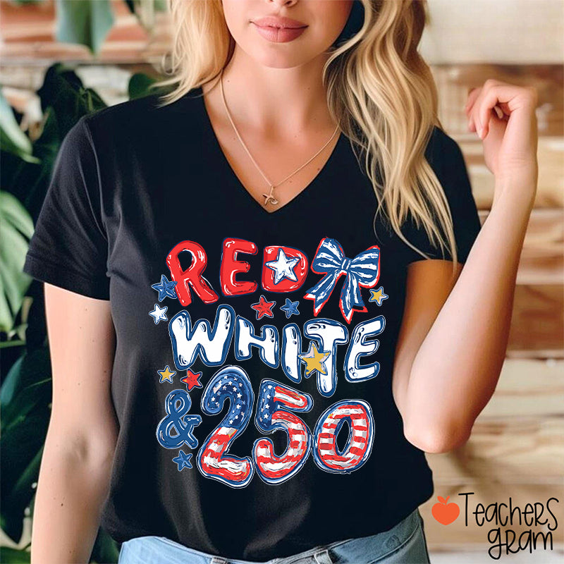 Red White And 250 Years Teacher Female V-Neck T-Shirt