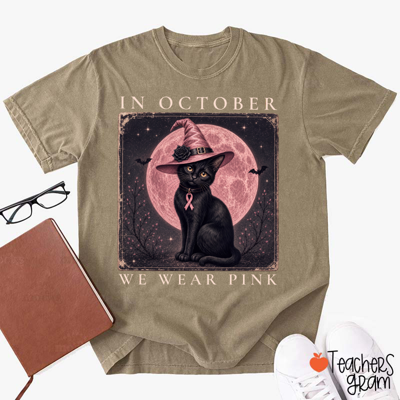 In October We Wear Pink Witch Black Cat Pink Moon Breast Cancer Awareness Teacher T-Shirt