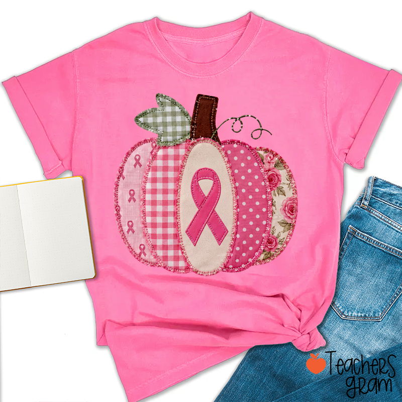 Pink Faux Patchwork Pumpkin Ribbon Teacher T-Shirt