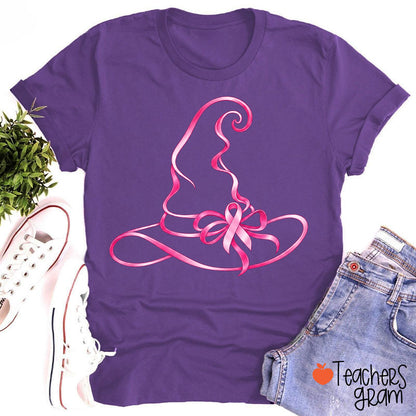 Halloween Witch Hat Pink Ribbon Breast Cancer Support Teacher T-Shirt