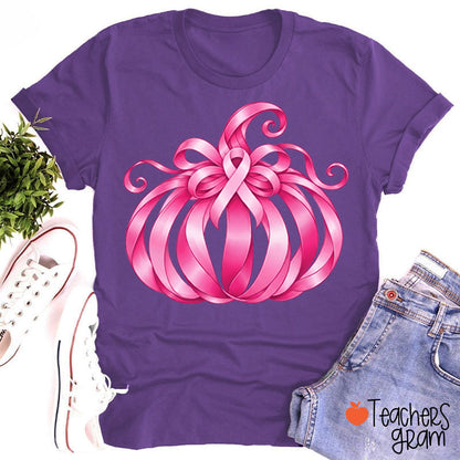 Pink Ribbon Bow Pumpkin Fall Teacher T-Shirt