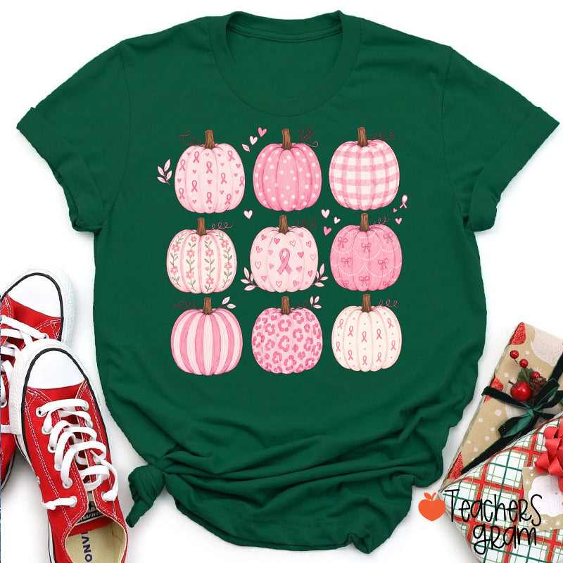 Pink Ribbon Breast Cancer Awareness Grid Pumpkin Teacher T-Shirt