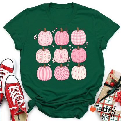 Pink Ribbon Breast Cancer Awareness Grid Pumpkin Teacher T-Shirt