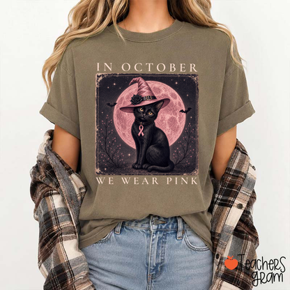 In October We Wear Pink Witch Black Cat Pink Moon Breast Cancer Awareness Teacher T-Shirt