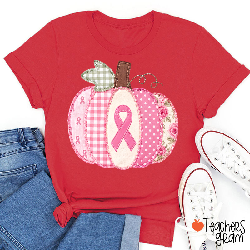 Pink Faux Patchwork Pumpkin Ribbon Teacher T-Shirt