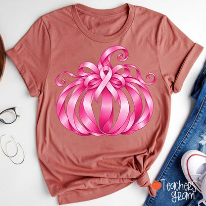Pink Ribbon Bow Pumpkin Fall Teacher T-Shirt