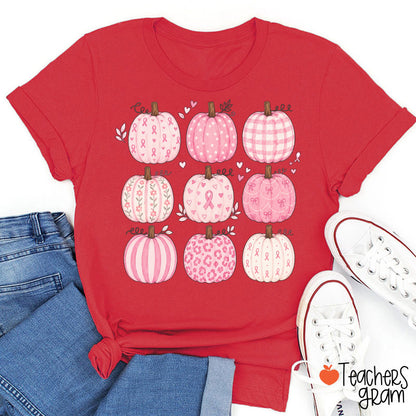 Pink Ribbon Breast Cancer Awareness Grid Pumpkin Teacher T-Shirt