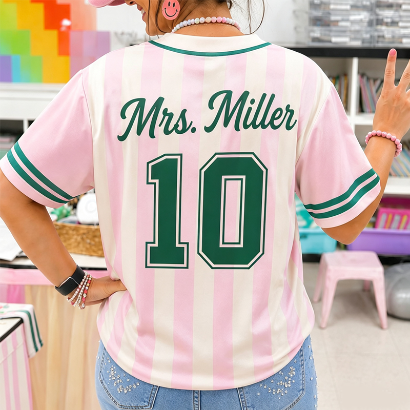 Personalized Name Mascot Pink Stripe Teacher Baseball Jersey