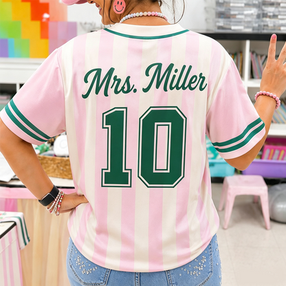 Personalized Name Mascot Pink Stripe Teacher Baseball Jersey