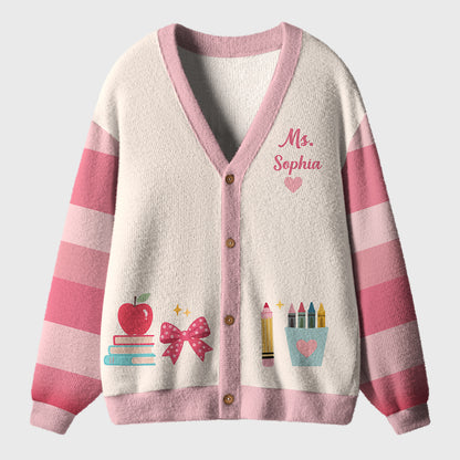 Personalized Name Apple Book Pencil Teacher Ugly Cardigan Sweaters
