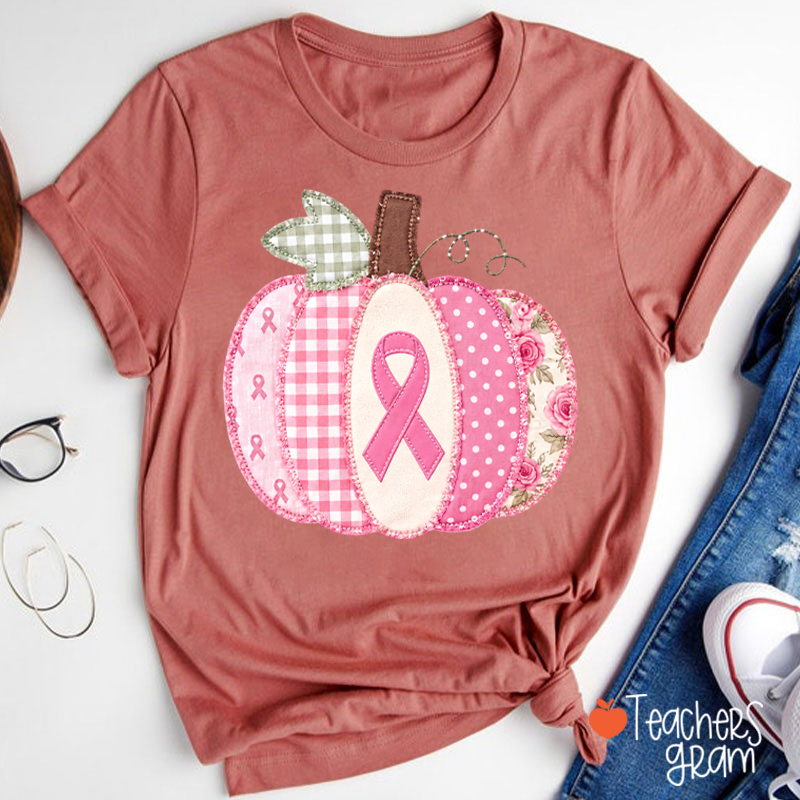 Pink Faux Patchwork Pumpkin Ribbon Teacher T-Shirt