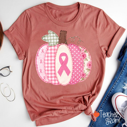 Pink Faux Patchwork Pumpkin Ribbon Teacher T-Shirt