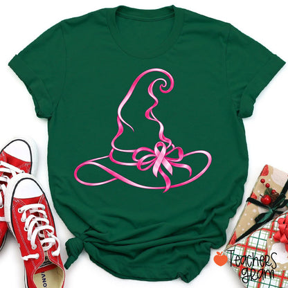 Halloween Witch Hat Pink Ribbon Breast Cancer Support Teacher T-Shirt