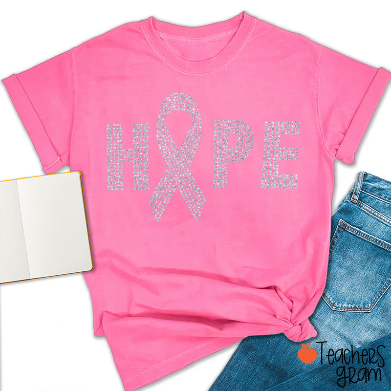 Hope Ribbon Faux Glitter Breast Cancer Awareness Teacher T-Shirt