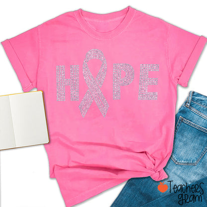 Hope Ribbon Faux Glitter Breast Cancer Awareness Teacher T-Shirt