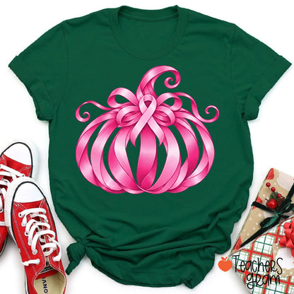 Pink Ribbon Bow Pumpkin Fall Teacher T-Shirt