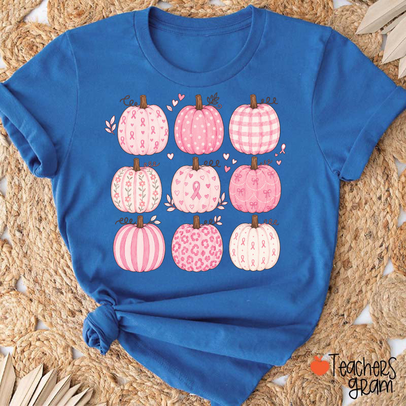 Pink Ribbon Breast Cancer Awareness Grid Pumpkin Teacher T-Shirt