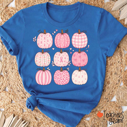 Pink Ribbon Breast Cancer Awareness Grid Pumpkin Teacher T-Shirt