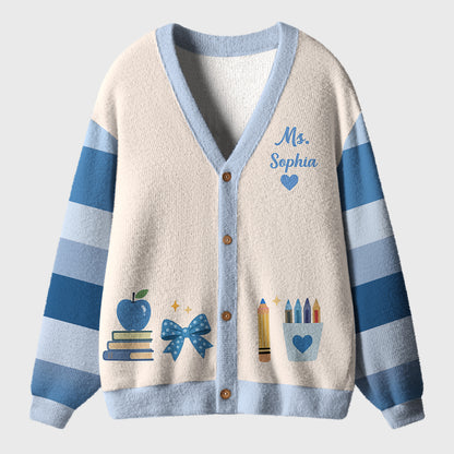 Personalized Name Apple Book Pencil Teacher Ugly Cardigan Sweaters