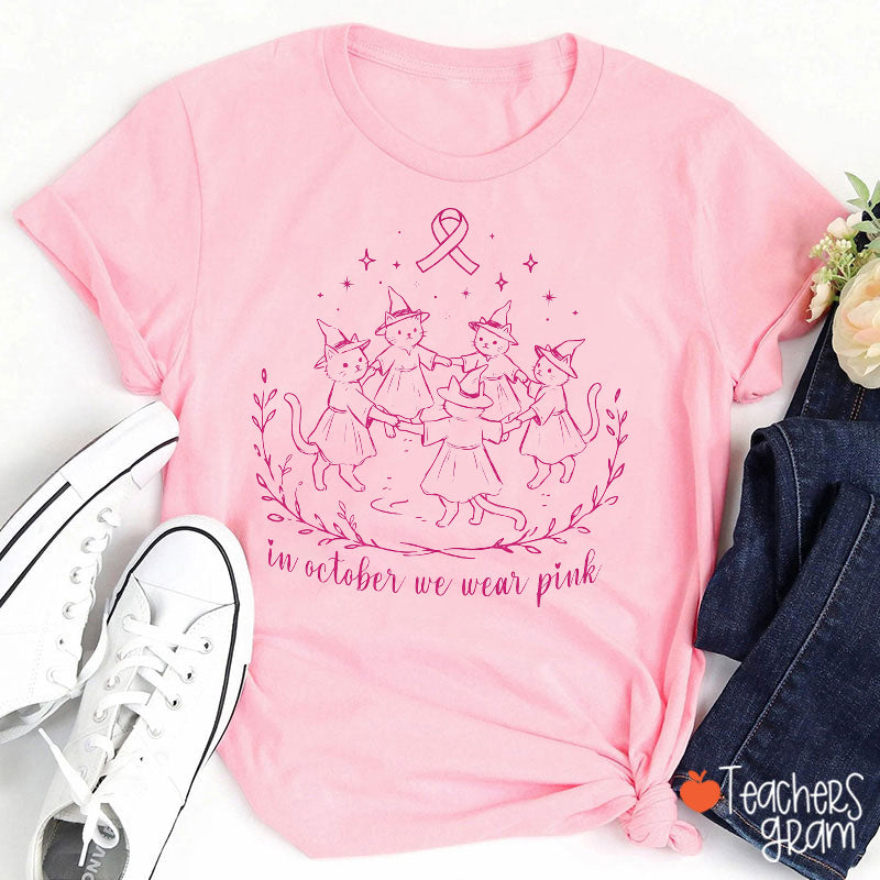 Cute Cat Witch In October We Wear Pink Teacher T-Shirt