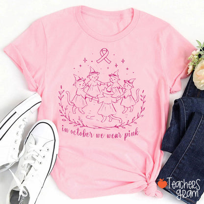 Cute Cat Witch In October We Wear Pink Teacher T-Shirt