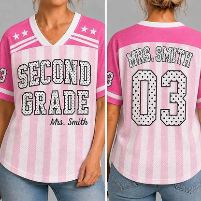Personalized Grade Striped Polka Dot Star Print Teacher Mesh Jersey