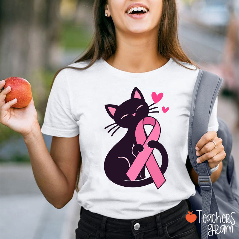 Black Cat Pink Ribbon Love Teacher T-Shirt