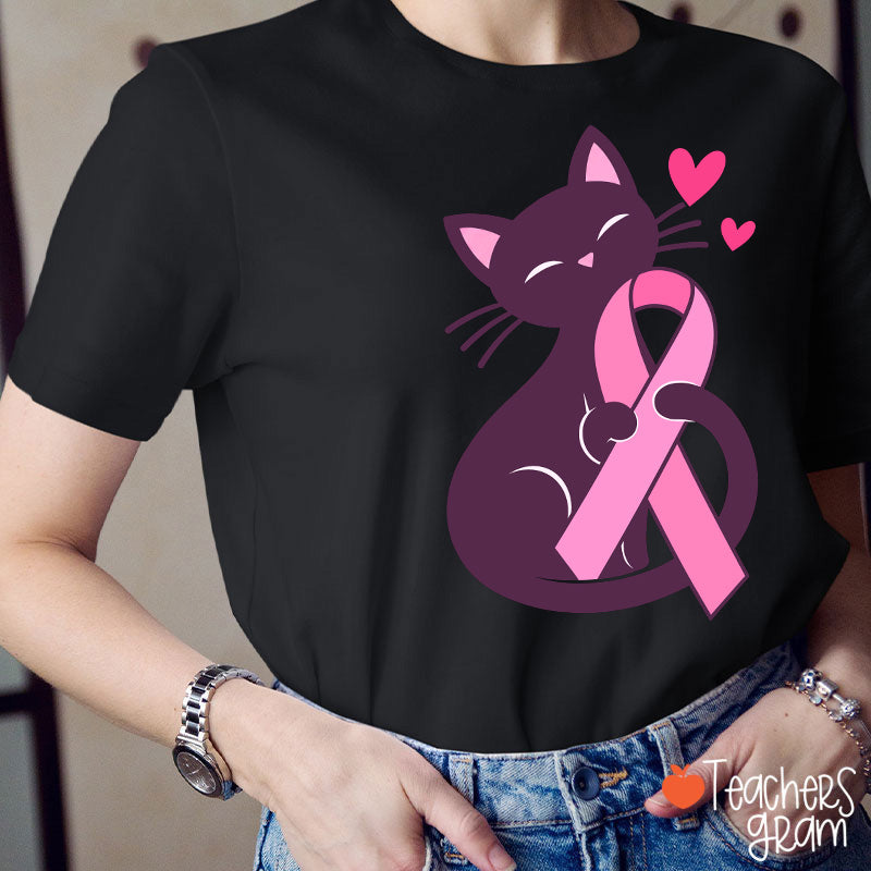 Black Cat Pink Ribbon Love Teacher T-Shirt