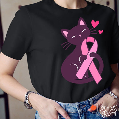 Black Cat Pink Ribbon Love Teacher T-Shirt