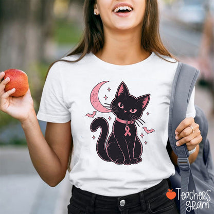 Halloween Pink Ribbon Cat Teacher T-Shirt