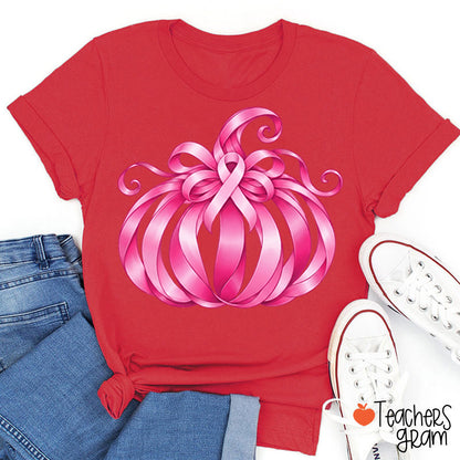 Pink Ribbon Bow Pumpkin Fall Teacher T-Shirt