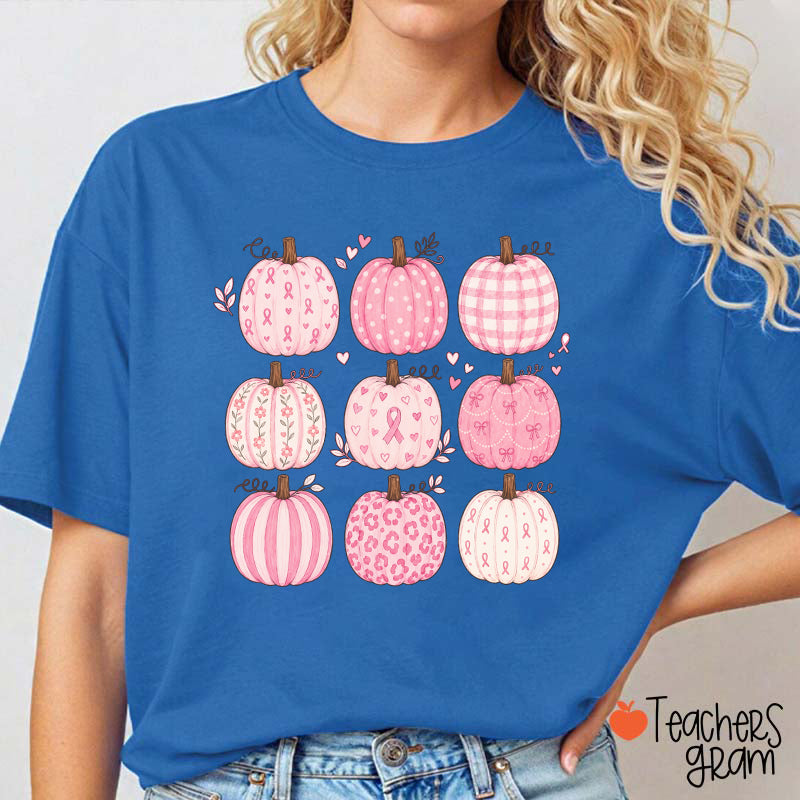 Pink Ribbon Breast Cancer Awareness Grid Pumpkin Teacher T-Shirt