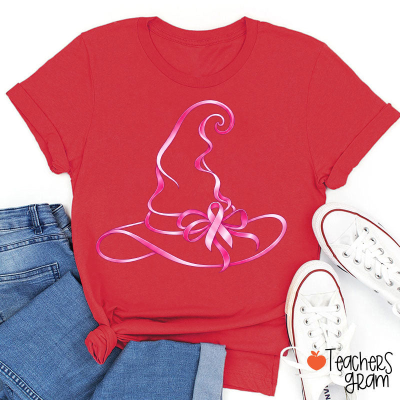 Halloween Witch Hat Pink Ribbon Breast Cancer Support Teacher T-Shirt