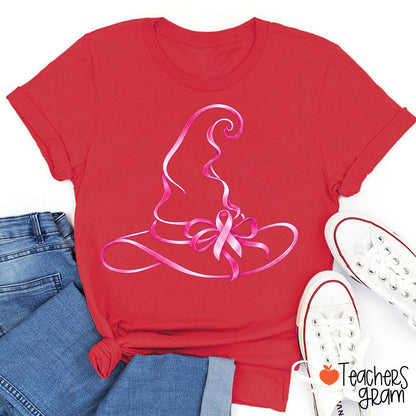 Halloween Witch Hat Pink Ribbon Breast Cancer Support Teacher T-Shirt