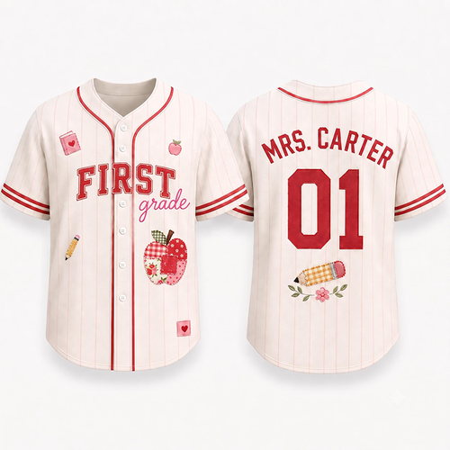 Personalized Grade Striped Apple Flower Print Teacher Baseball Jersey