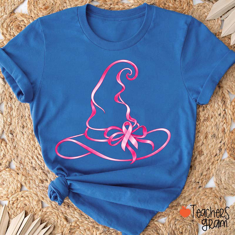 Halloween Witch Hat Pink Ribbon Breast Cancer Support Teacher T-Shirt