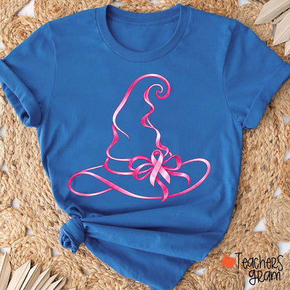 Halloween Witch Hat Pink Ribbon Breast Cancer Support Teacher T-Shirt