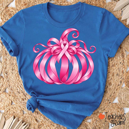 Pink Ribbon Bow Pumpkin Fall Teacher T-Shirt
