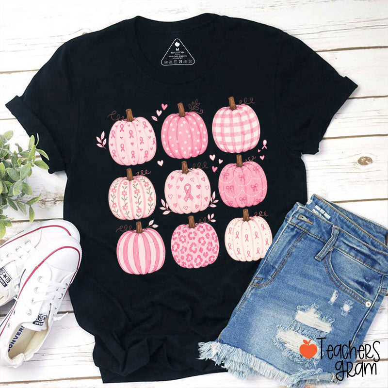 Pink Ribbon Breast Cancer Awareness Grid Pumpkin Teacher T-Shirt