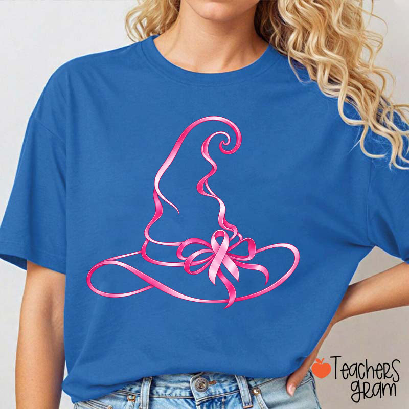 Halloween Witch Hat Pink Ribbon Breast Cancer Support Teacher T-Shirt