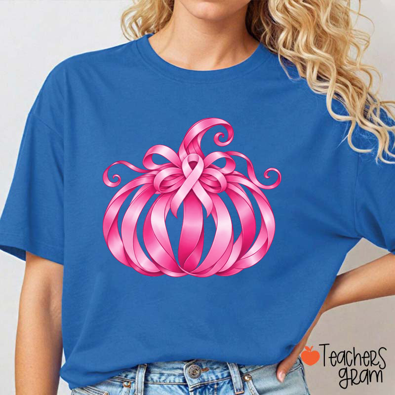 Pink Ribbon Bow Pumpkin Fall Teacher T-Shirt