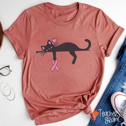 Black Cat With Pink Ribbon Awareness Teacher T-Shirt