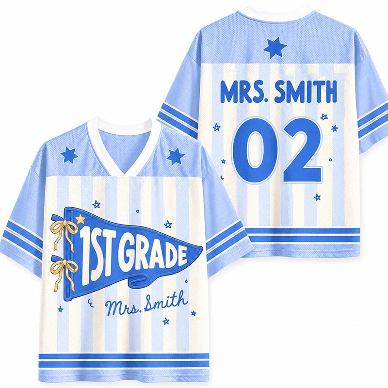 Personalized Grade And Name Preppy Stripes Pennant Fisrt Day Teacher Mesh Jersey