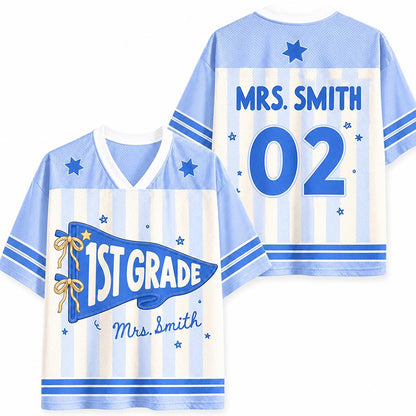 Personalized Grade And Name Preppy Stripes Pennant Fisrt Day Teacher Mesh Jersey
