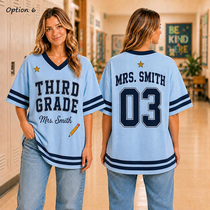 Personalized Grade And Name Preppy Double Stripe Teacher Mesh Jersey