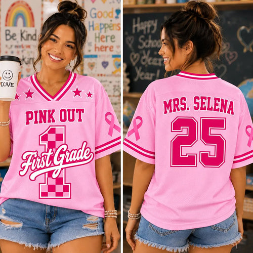 Personalized Grade Pink Out Breast Cancer Awareness Teacher Mesh Jersey