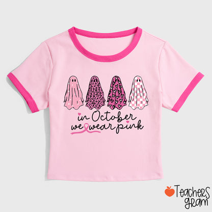 Pink Ghost In October We Wear Pink Teacher Ringer T-Shirt