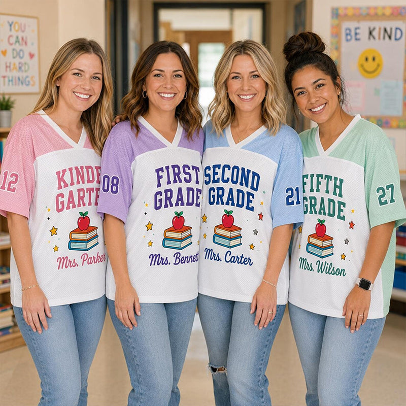 Personalized Grade Teacher Name And Number Apple Book Teacher Mesh Jersey