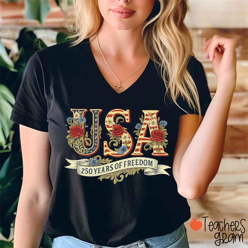 Usa 250 Years Of Freedom Teacher Female V-Neck T-Shirt